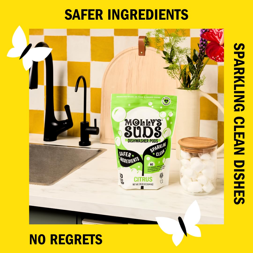 Molly's Suds Kapsułki do zmywarki | Naturalny detergent do zmywarek, tnie tłuszcz i płukania do czysta (bez pozostałości) do naczyń musujących, biodegradowalne zakładki do automatycznego uwalniania
