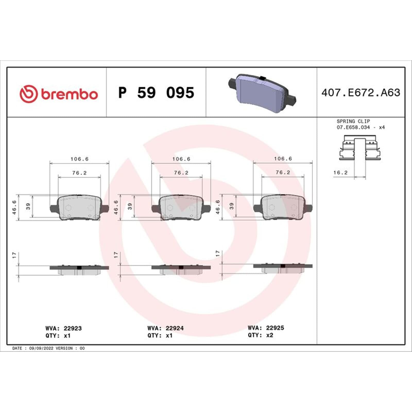 BREMBO Bremsbelagsatz, Scheibenbremse P59095