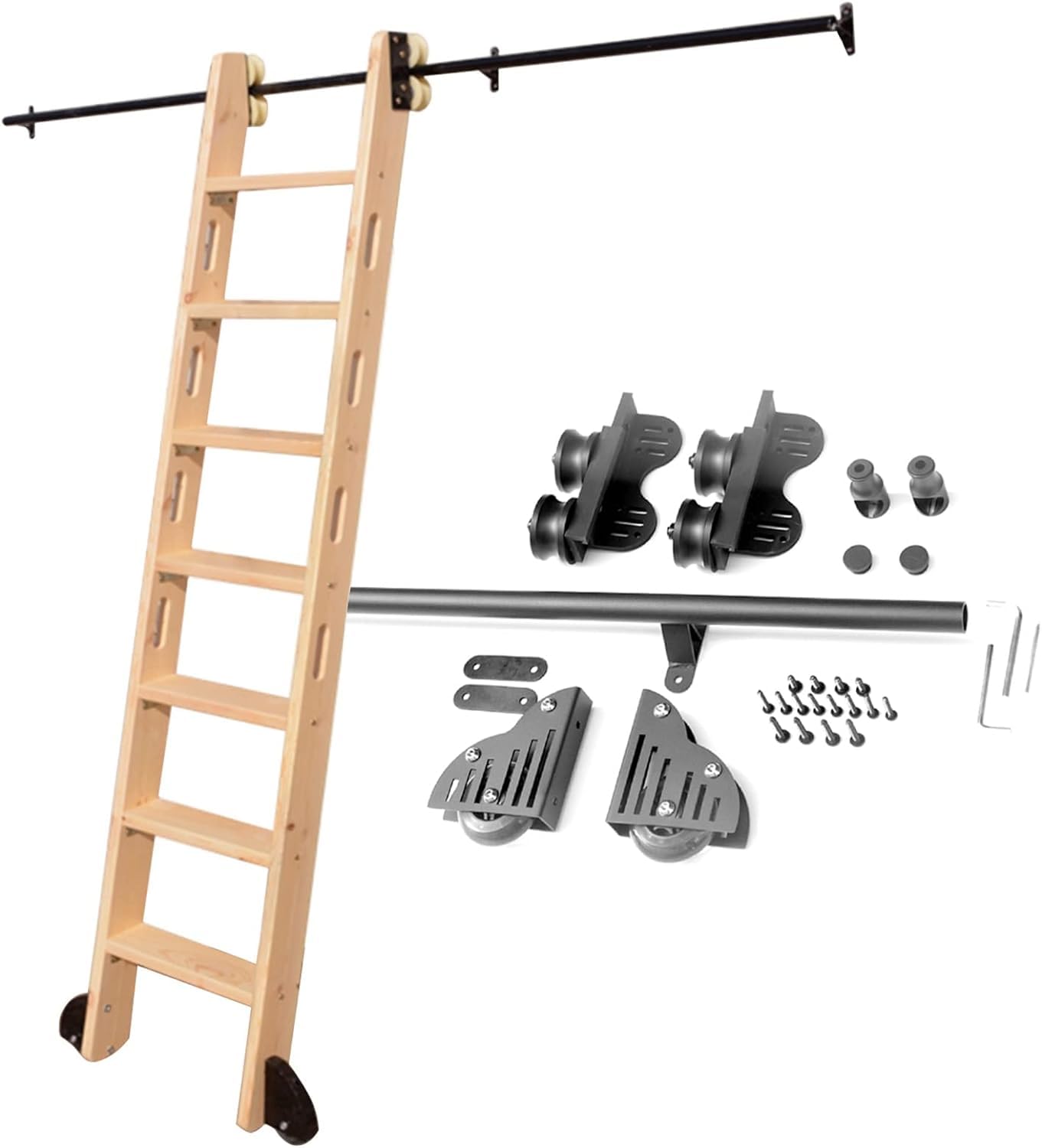 LWJSOCP Rolling Ladder Hardware Kit Sliding Hardware Rolling Library Kit(No Ladder), 3.3Ft-20Ft Rustic Black Retractable Rolling Ladder Hardware Library Sliding Ladder Hardware Kit + Floor Roller Wh