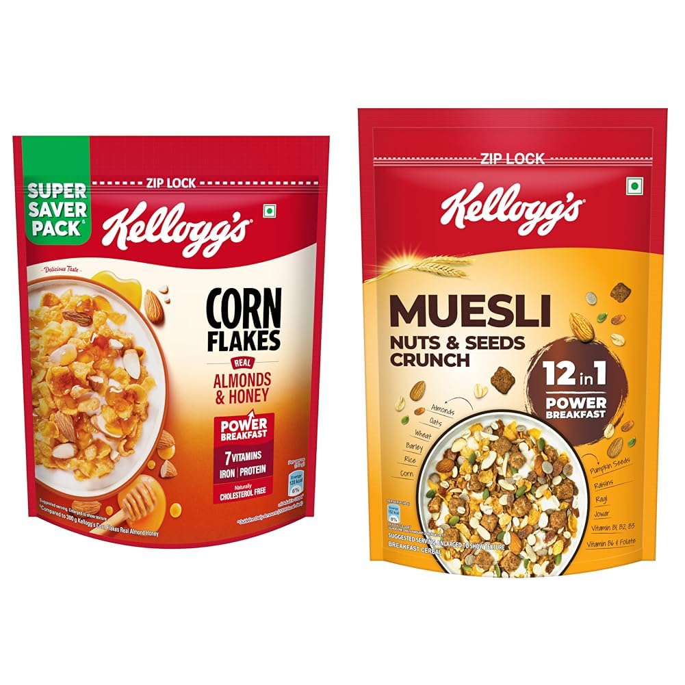 Kellogg's Corn Flakes Real Almond Honey 1kg | High in Iron, Vitamin B1, B2, B3, B6 & C | + Kellogg's Muesli Nuts Delight 1000 G | 12-In-1 Power Breakfast | India'S No. 1 Muesli |-image-22