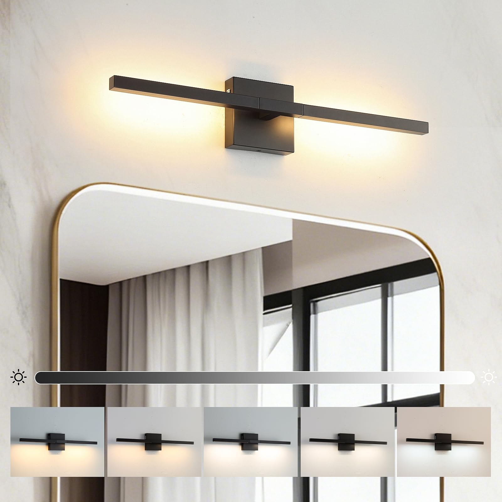 Moderne Badezimmerleuchte, gebürstetes Schwarz, 61 cm, 16 W, Wand-Waschtischlampe über Spiegel, dimmbar, 5 CCT LED-Wandleuchte für Schlafzimmerschränke