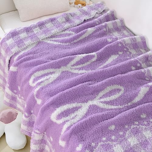 Image of Purple Bow Baby Blanket - Knitted Throw with Elegant Bow Accent for Baby Girls, Nursery Bedding & Shower Presents - Soft & Cozy, 30x40 Inch