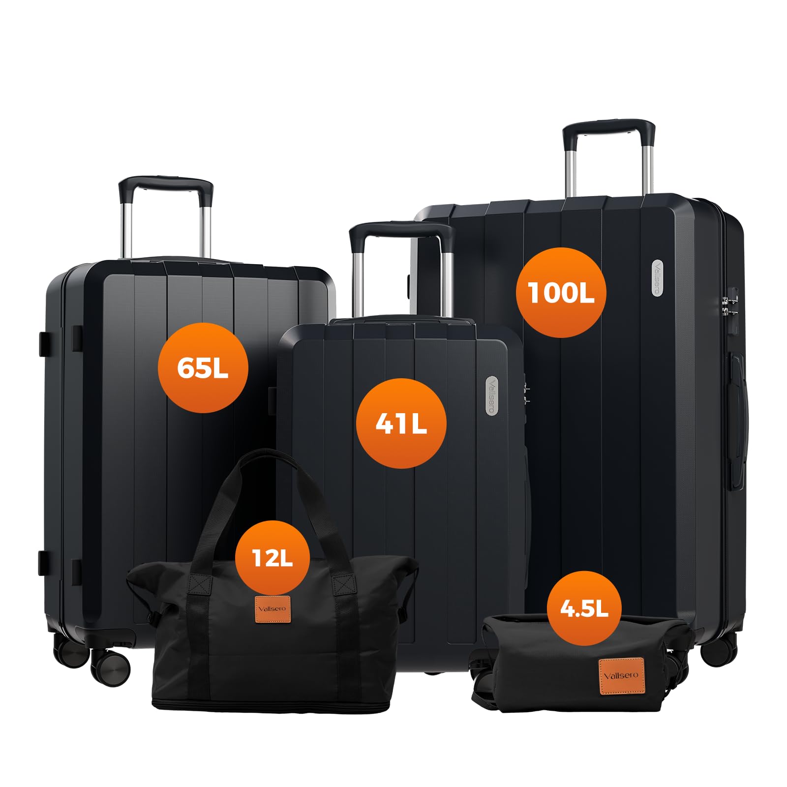 Set Valigie, Valigia, Set di 5 Valigie, Rotelle Girevoli 360°, Maniglia Telescopica Regolabile, Materiale ABS, Borsone da Viaggio Espandibile per Palestra e Borsa da Toilette (Dark)