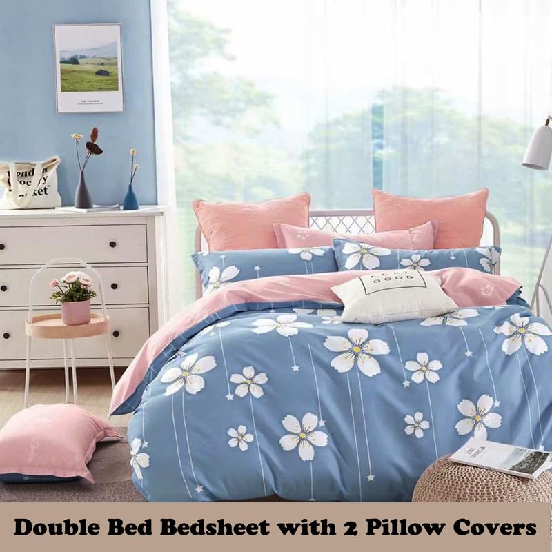 Image of Polycotton Double Bed Bedsheet, Flat Sheet with 2 Pillow Covers, Queen (90x100 inch), 300 TC, Blue & White, Set of 3