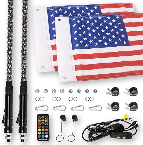 Miniatura 2 de 2 luces LED de 5 pies, 360  en espiral, antena iluminada RGB LED látigos con bandera para UTV, ATV, todoterreno, camión, arena, buggy, duna, quad, 4