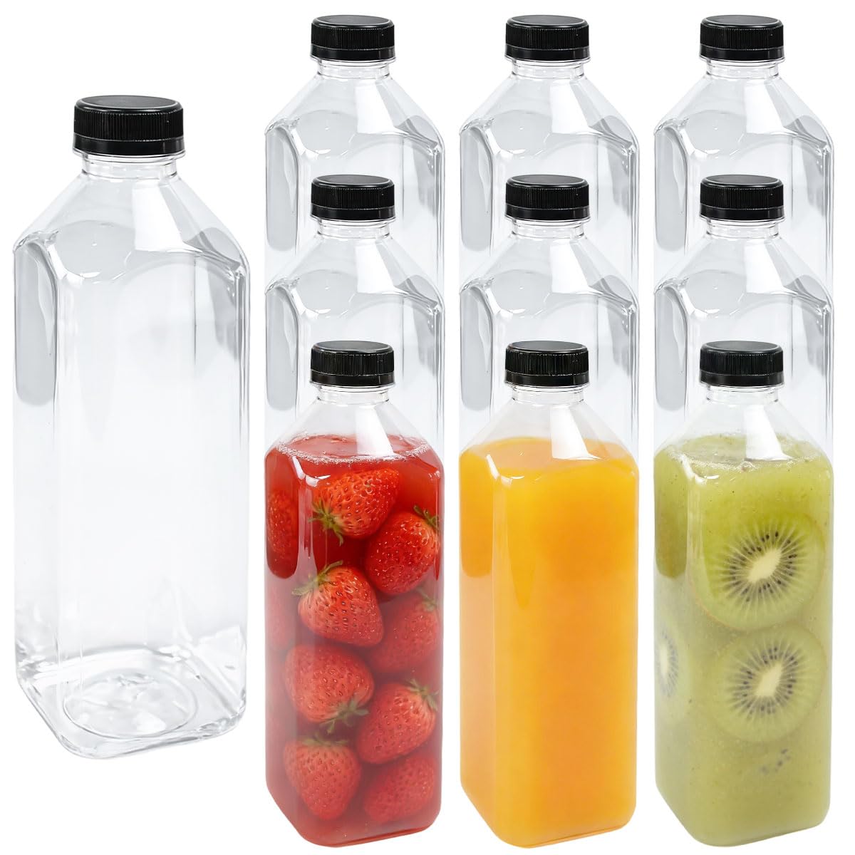 Vurixfo Transparent, Black 1000Ml Plastic Juice Bottles With Black Cap, 10 Pack Empty Plastic Smoothie Bottle Clear Beverage Juice Container Milk Bottles With Lids For Water, Cold Drinks, Picnic, Home Use