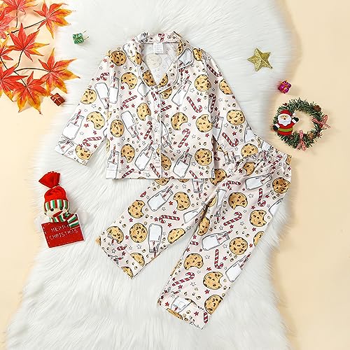 Fiacafyo Toddler Kids Baby Pajamas Set Button up Long Sleeve T-Shirt Top + Long Pants 2Pcs Sleepwear Set Xmas PJs Nightwear (R-Milk Cookie, 2-3 Years)