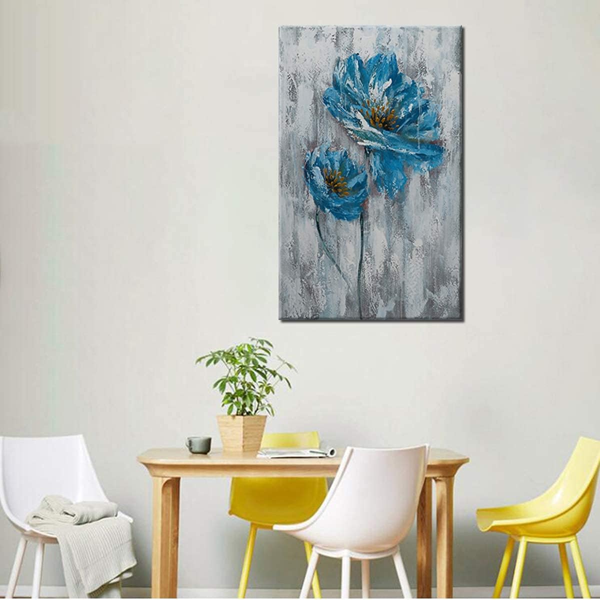 Bеѕt Dеаl Chеар 🛒 Hand Painted Flower Oil Paintings on Canvas Blue White Floral Wall Art Modern Abstract Poppy Artwork Framed Picture Home Decor 24x36in