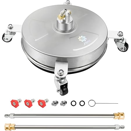 janz 14" Pressure Washer Surface Cleaner with 4 Wheels, Stainless Steel Housing, 1/4" Quick Plug, 2 Extension Wands, 2 Replacement Nozzles and 3 Spray Nozzles, 4000 PSI