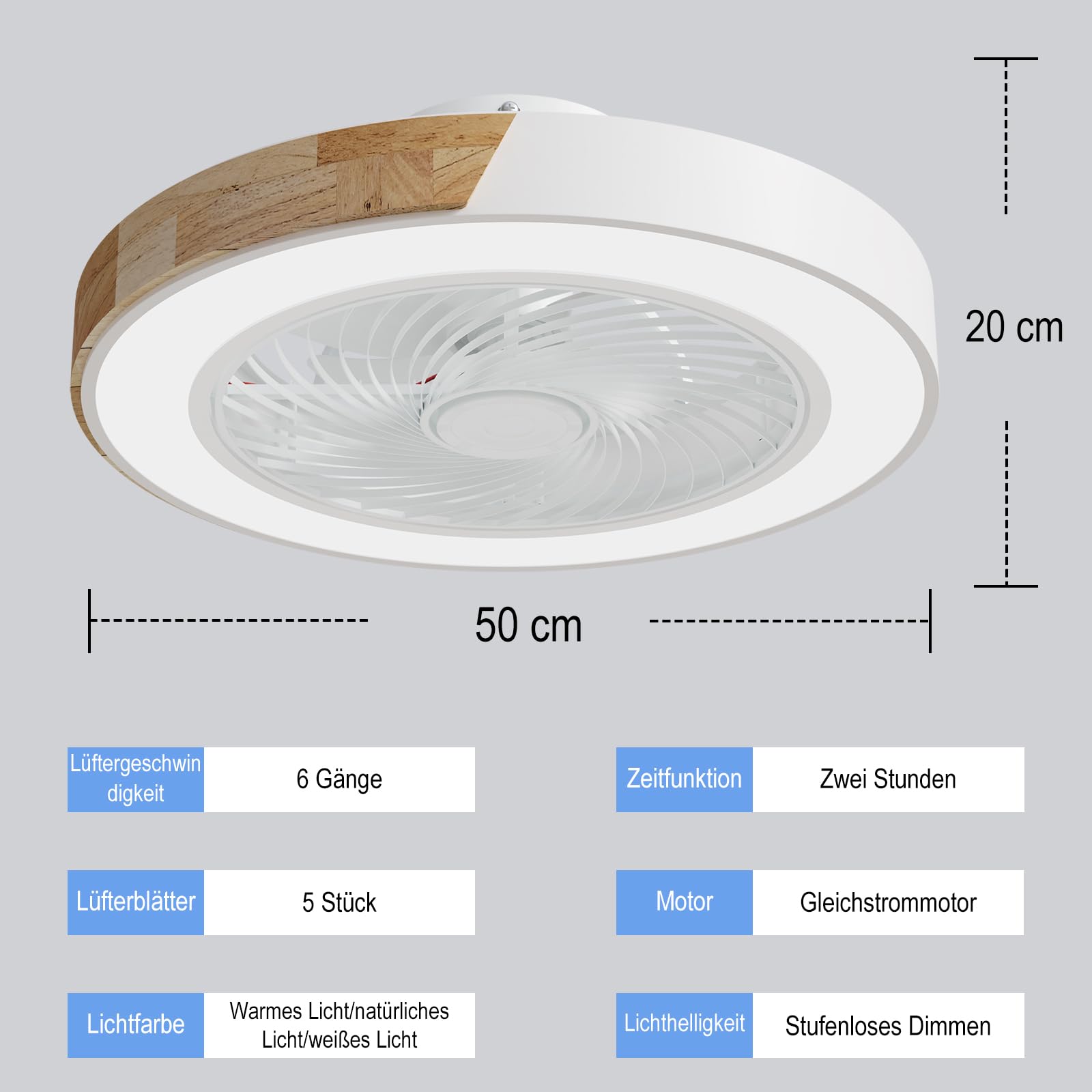 YuYe Deckenventilator Mit Beleuchtung, Ventilator Deckenleuchte, 3 Farbtemperatur und 6 Geschwindigkeiten LED- Deckenventilator mit Lampe Leise Dimmbar für Esszimmer Wohnzimmer Schlafzimme (B)