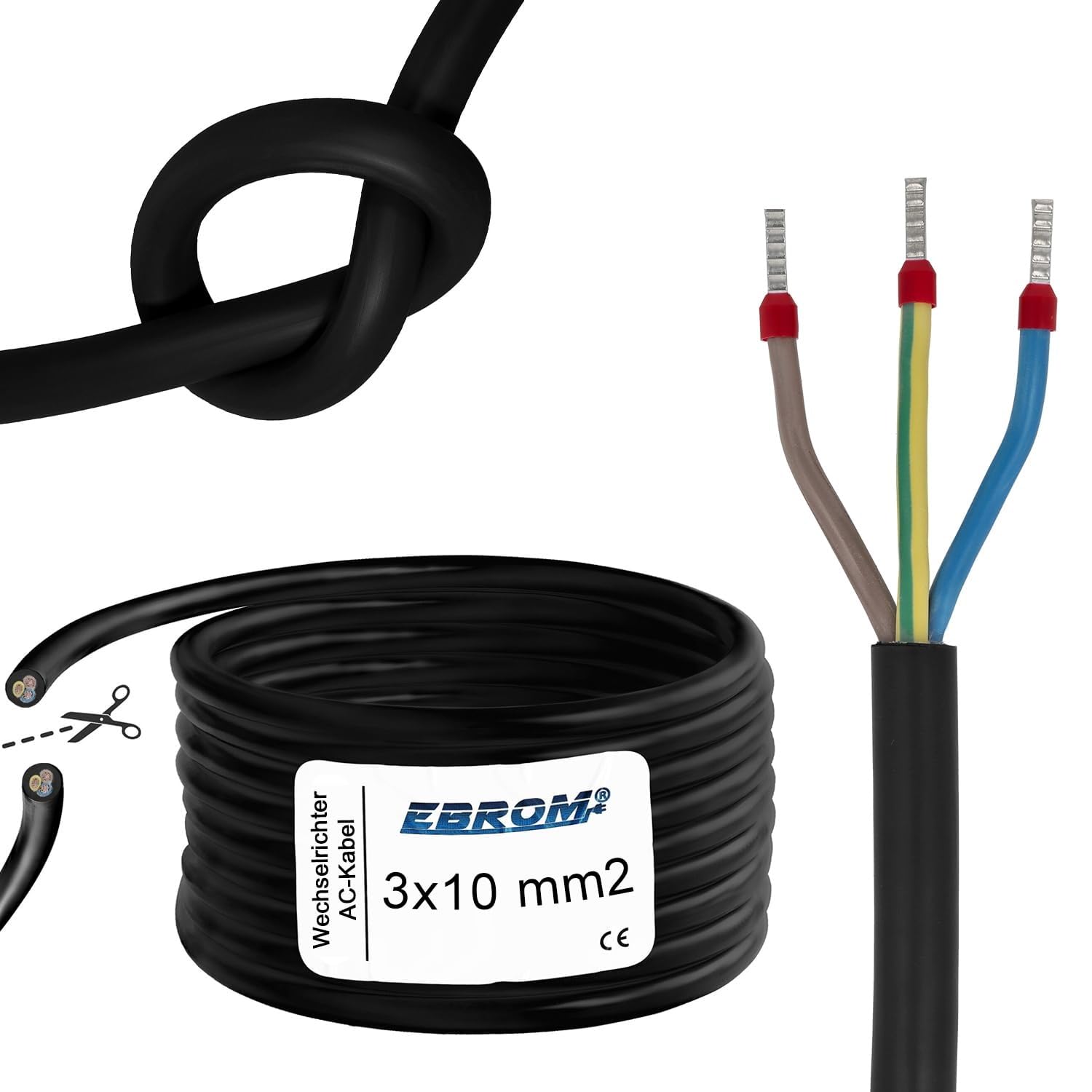 EBROM Inversor de corriente CA de goma H07RN-F 3 x 10 mm², cable de goma para vainas PV + DIN de 1 – 25 metros, 10 mm², ideal para conexión de inversor fotovoltaico (conexión de pinza) su longitud: 3