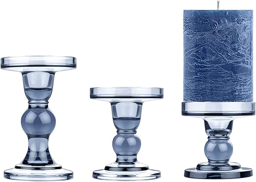 KiaoTime Set of 3 Glass Pillar Candle Holder Candlestick Taper Candle Set Crystal Blue Candlesticks Holder for Home Fireplace Table Bath Wedding Decoration