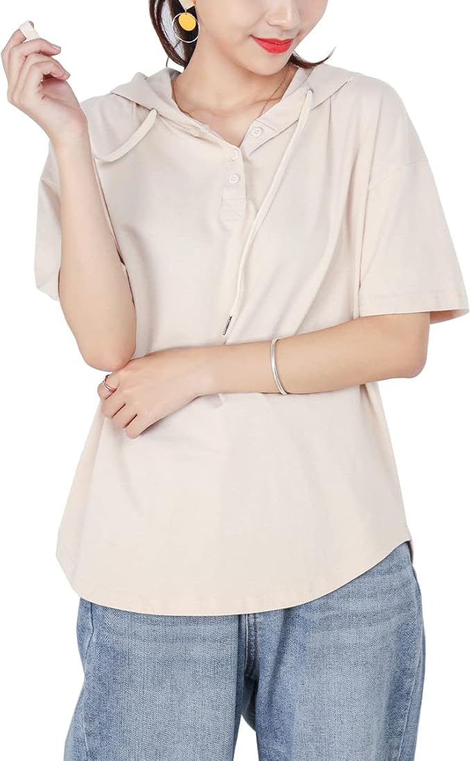 Amazon Co Jp Yuesuo 半袖 パーカー レディース 薄手 フーディー Tシャツ ヘンリーネック ゆったり トップス カットソー プルオーバー 無地 コットン 前後アシンメトリー フード付き 体型カバー スポーティ 春 秋 5色展開 Free Size アプリコット 服 ファッション小物