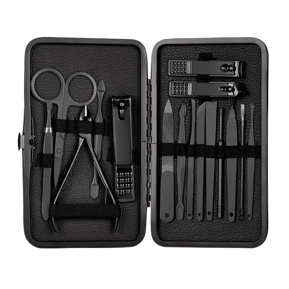 Coupe-ongles noir set de 16 pièces en acier inoxydable avec ciseaux de pédicure