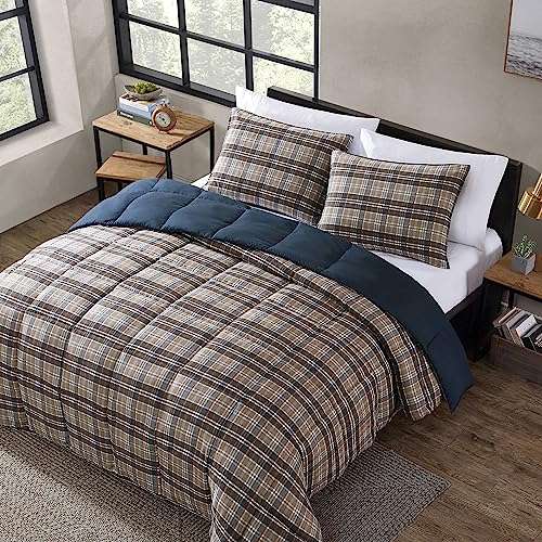 Image of Eddie Bauer- Twin Duvet Cover Set, Reversible Microsuede Bedding Set with Matching Sham, Dorm Essentials (Rugged Plaid Brown)