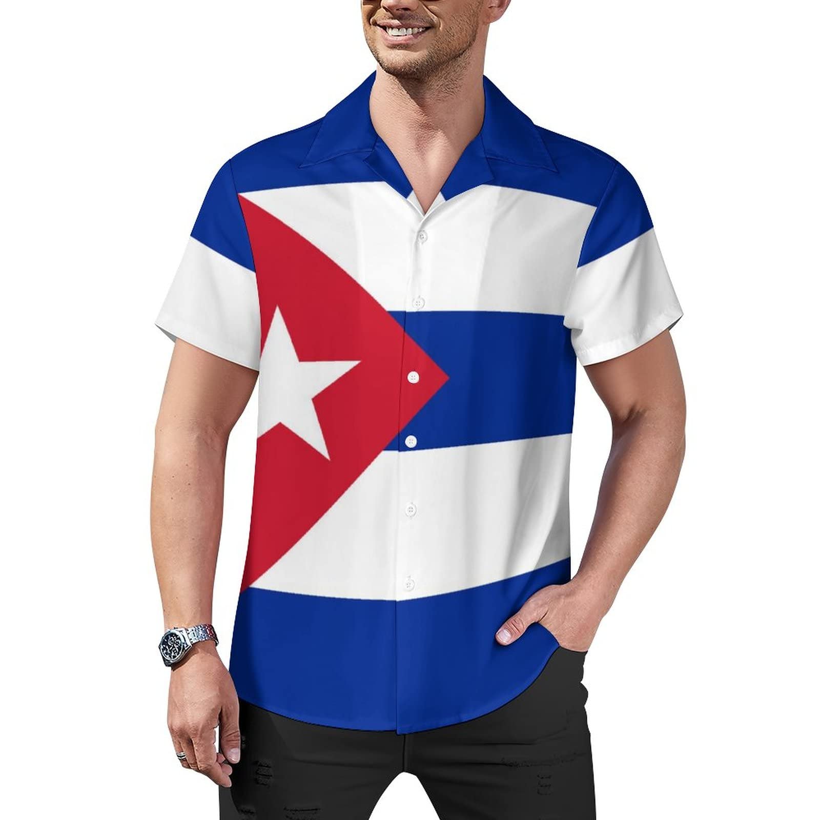 Fjqwklf Men's As Pic Flag Of Cuba Short Sleeve Button Down Shirts Cuban Guayabera Shirt Beach Tops