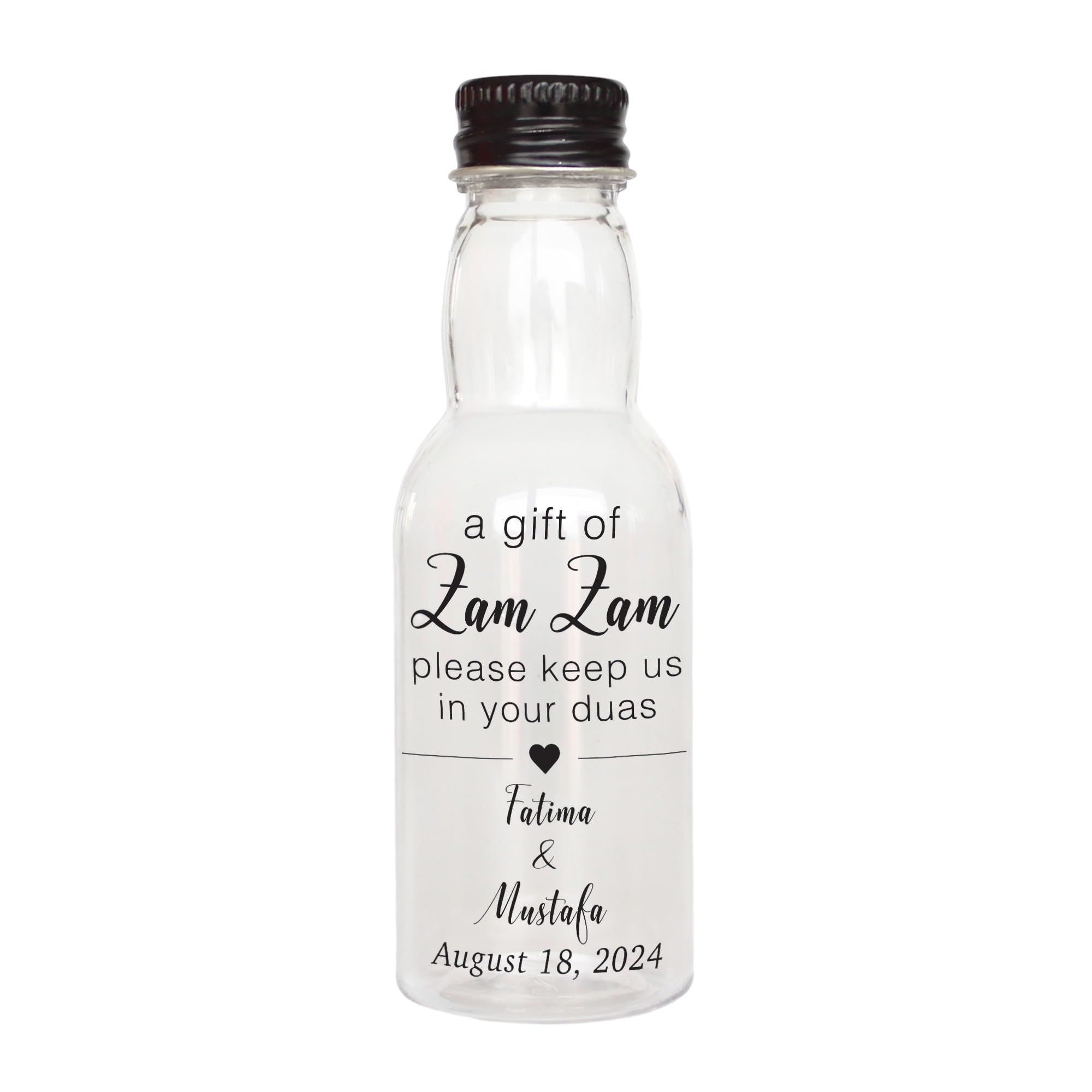 Personalised Zem Zem Water Bottles 40ml - Empty Plastic Favours for Hajj, Umrah, Nikkah & Wedding - Custom Clear Labels with Design Options - Choice of Cap Colours (Set of 130)