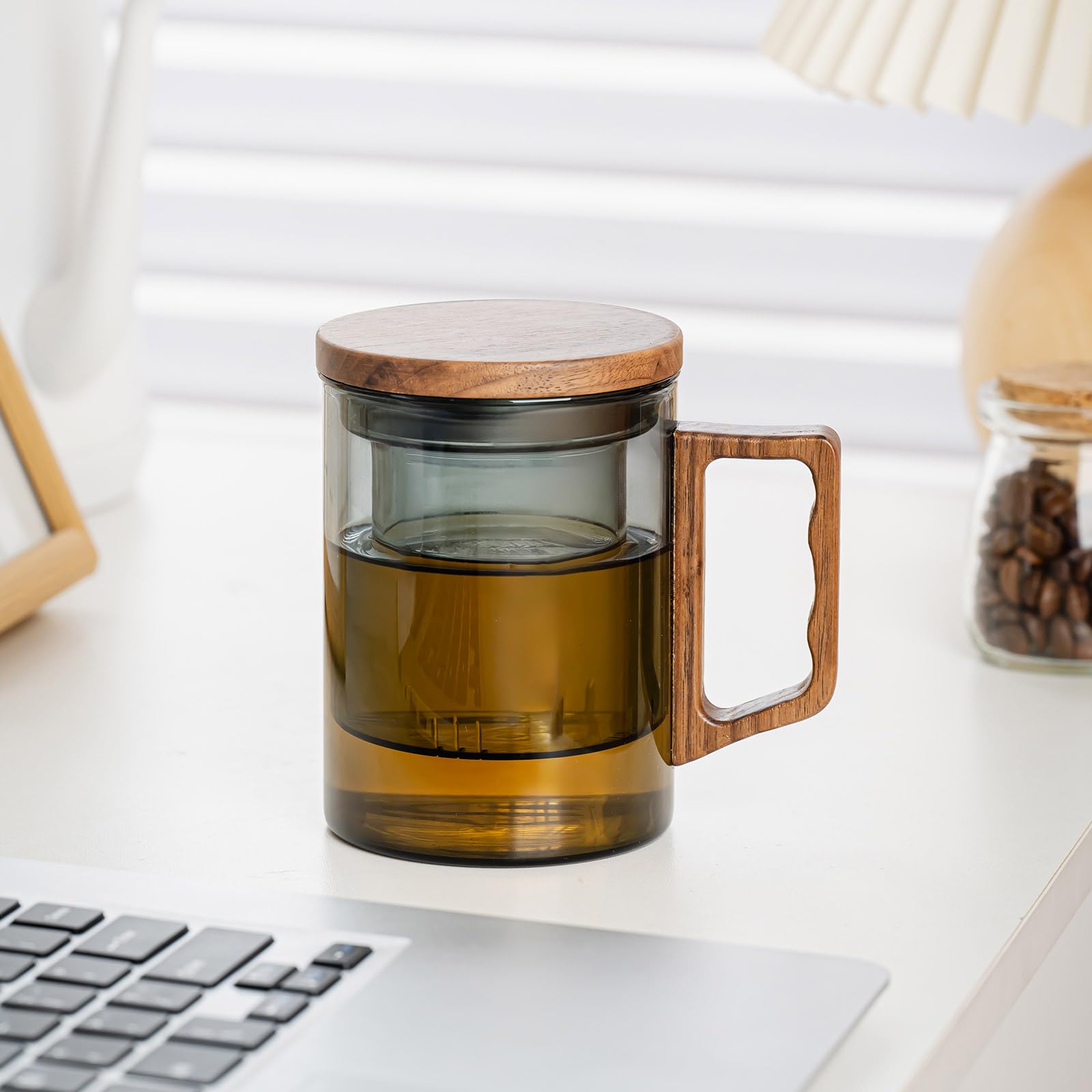Tasse à thé en verre avec infuseur et couvercle, 400 ml, tasse à thé en verre borosilicate noir pour thé en vrac, tasse à thé avec poignée en bois, cadeau idéal
