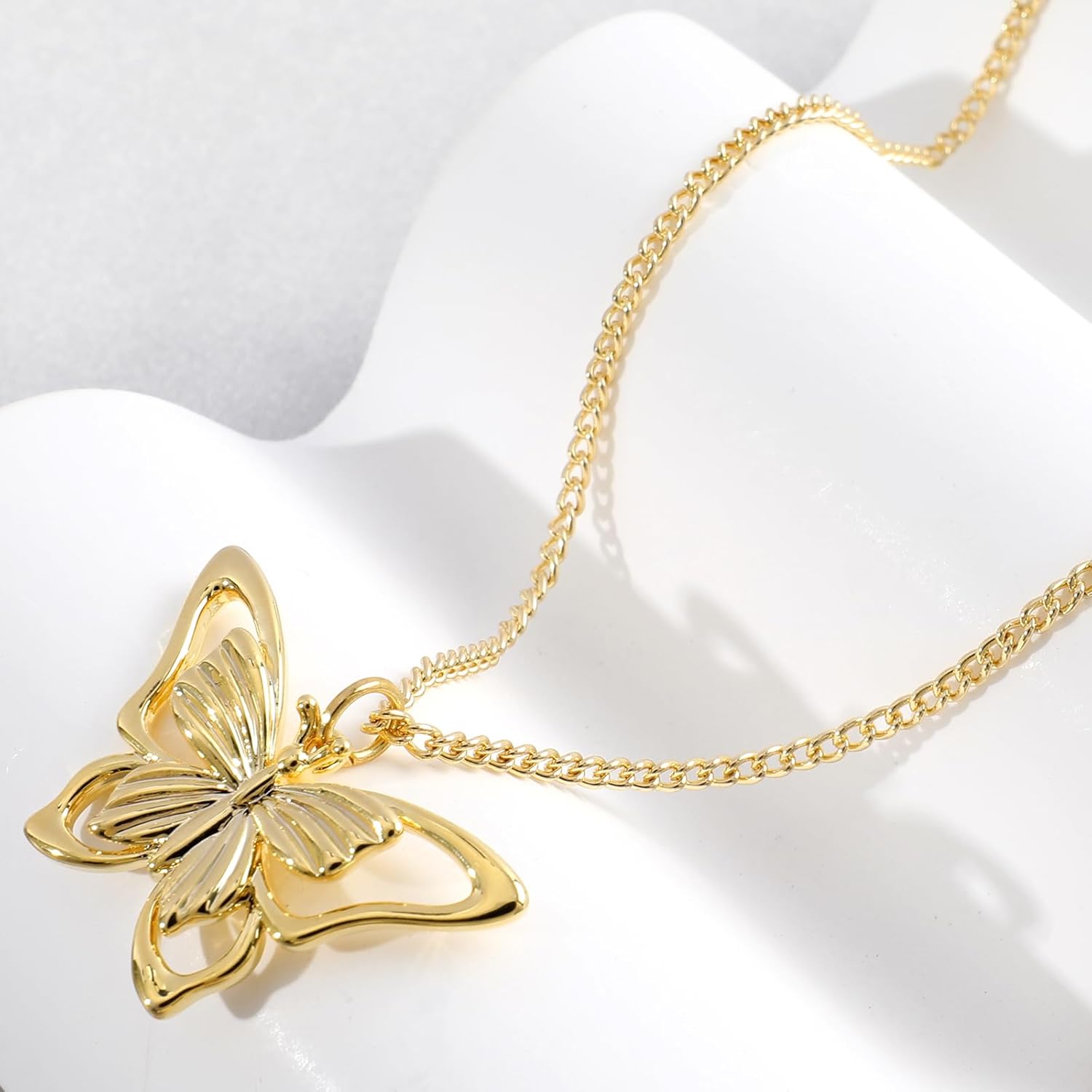 Gold Butterfly Pendant Necklace for Women 14K Gold Plated Hollow Butterfly Pendant Choker Necklace Adjustable Gold Chain Insect Fairy Butterfly Statement Necklace Party Trendy Jewelry Gift for Her - Image 3