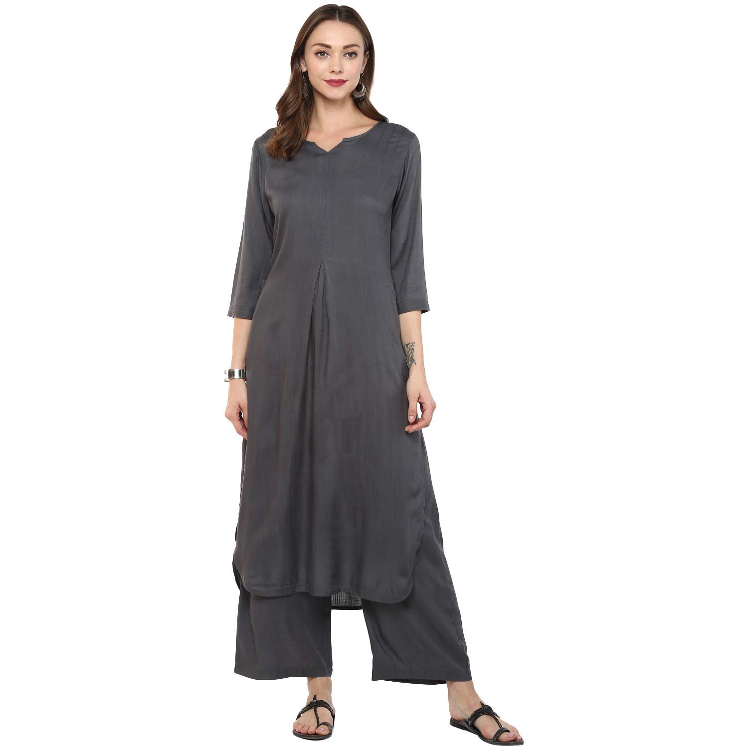 Idalia Grey Rayon Straight Solid Kurta Set For Women 3/4 Sleeve, Round V Neck Designer Kurta Set With Palazzo For Women