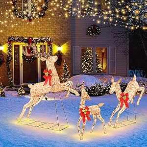COSTWAY 3-teiliges LED Rentier Familie groß, beleuchtete Weihnachtsdeko XXL, Weihnachtsfigur mit 255 warmweißen Lichtern, Weihnachtsbeleuchtung, Weihnachtsdekoration für außen & innen