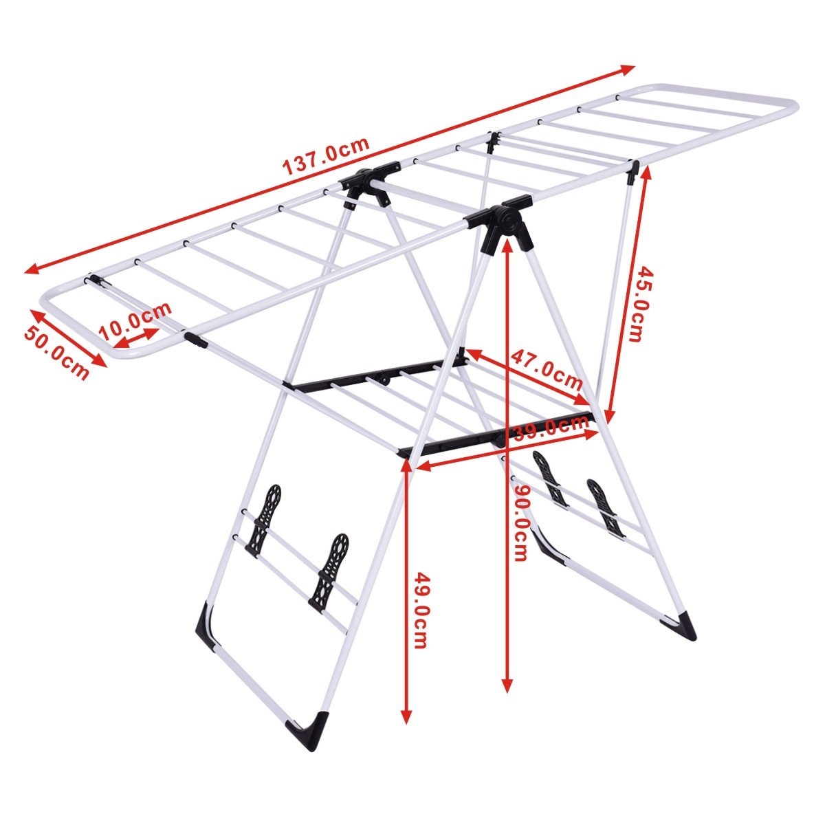 HOMASIS Tendedero Plegable, Perchero Extensible con Doble ala Ajustable, Tendedero portátil de Acero y plástico con rieles de Secado y Soportes para Zapatos, para Interior y Exterior, 137x50x90cm