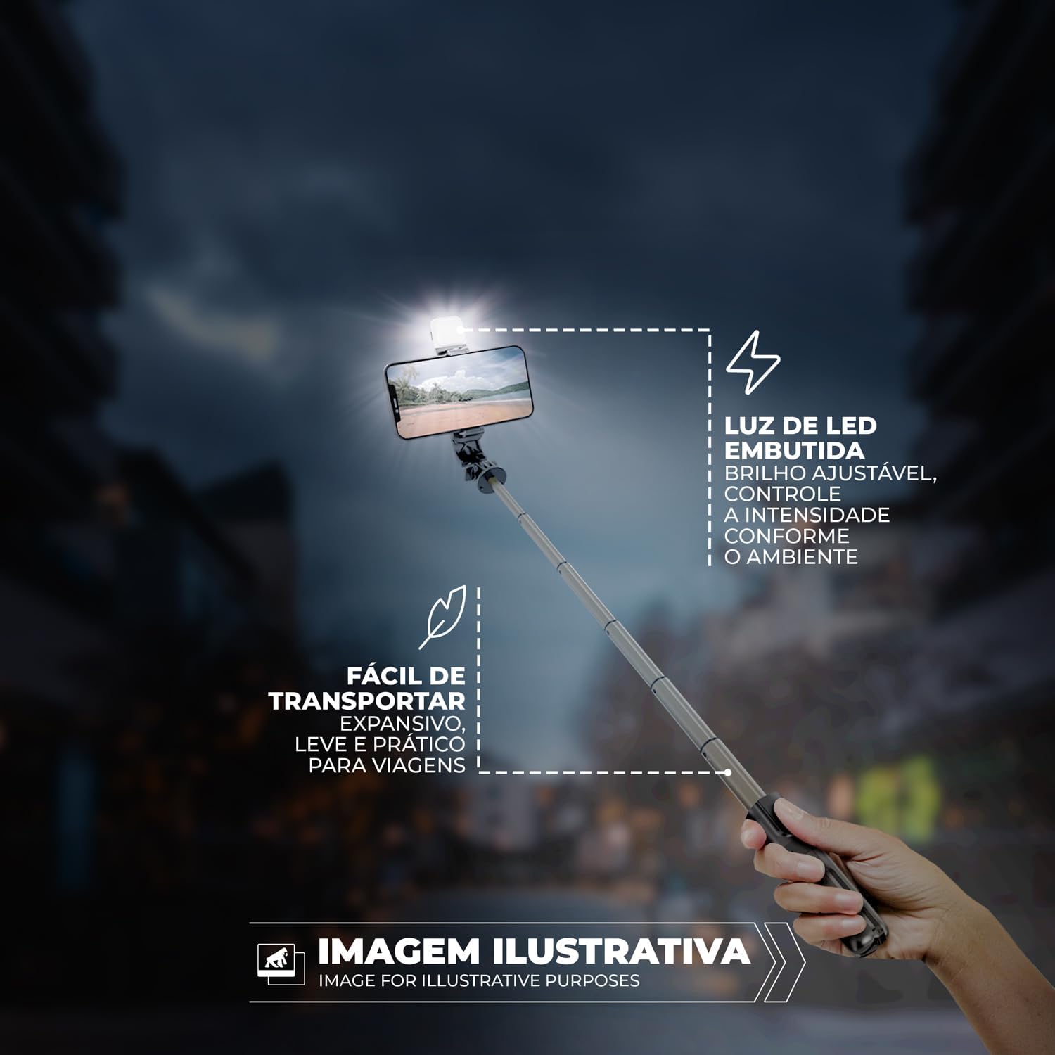 Gshield Tripé Bastão Multifuncional com Iluminação Flash Selfie Light Ajustável e Controle Bluetooth Removível, Survivor