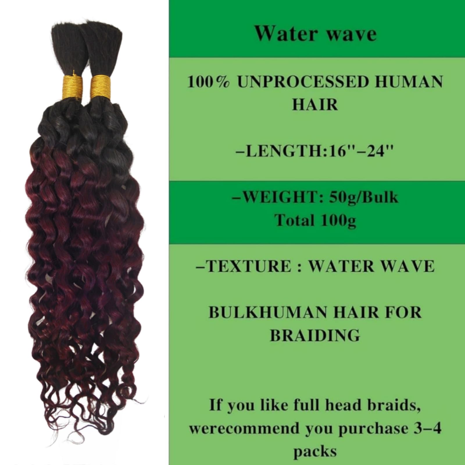 20 Inch Ombre 1b99j Burgundy Water Wave Human Braiding Hair Wet and Wavy for Braiding Bulk Human Hair Curly Extension 2 Pack/100g - Image 2