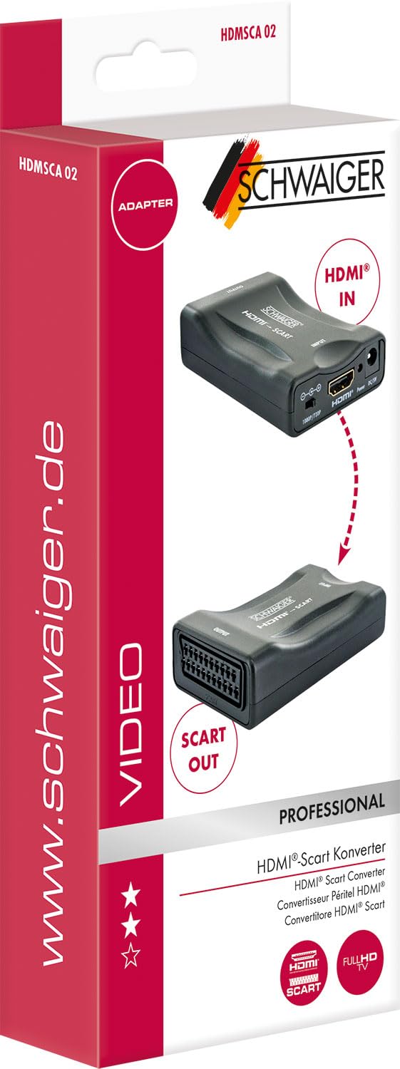 SCHWAIGER 715910 Adaptateur HDMI vers péritel Convertisseur numérique vers analogique pour enregistreur vidéo PS2/Xbox/SNES/N64/VHS/VCR, DVD, prend en charge PAL/NTSC/MHL