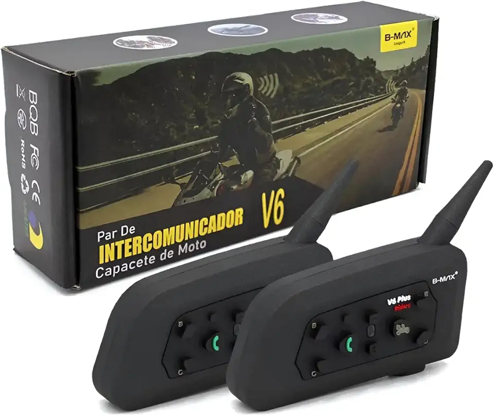 Intercomunicador V6 Plus para Capacete, Bluetooth, 1200m, Kit Duplo com Microfone, 2 unidades IP65 Resistente a Chuva e Vedado para Poeira