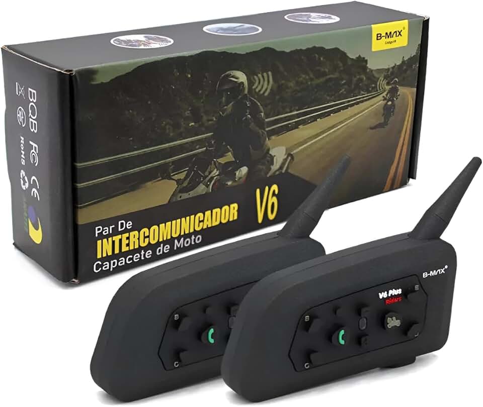 Intercomunicador V6 Plus para Capacete, Bluetooth, 1200m, Kit Duplo com Microfone, 2 unidades IP65 Resistente a Chuva e Vedado para Poeira