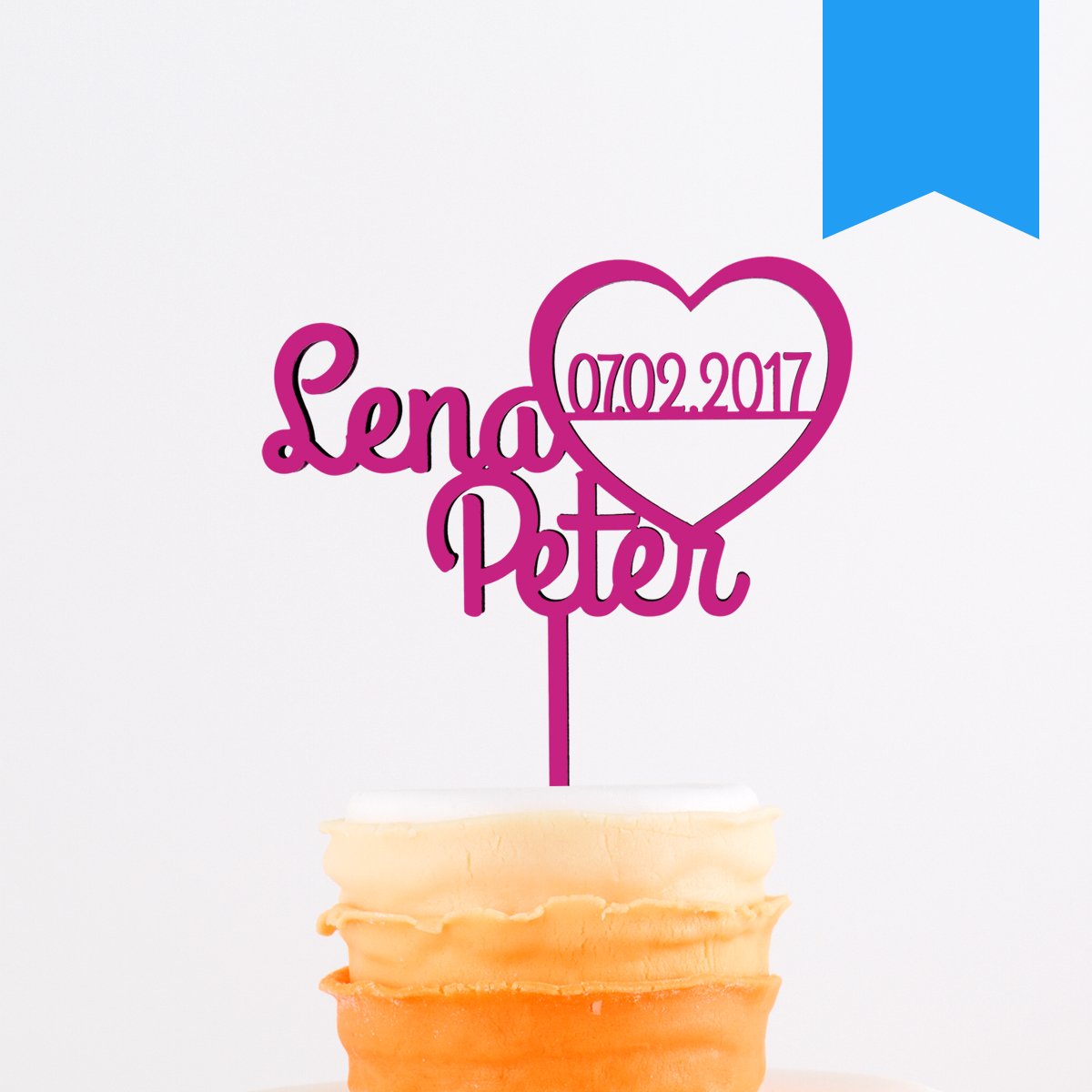 KLEINLAUT individueller Caketopper zur Hochzeit - Herz mit Namen und Datum - 15cm breit - Wähle eine Farbe - Neon Blau