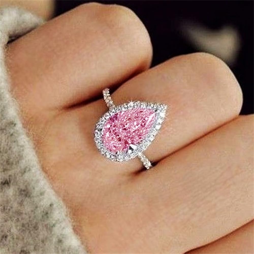 Luxury Finger Rings with Water Drop Design Women Wedding Accessorie Jewelry | Silver Color Pink, Proposal, Engagement Ceremony, Bridal Party,