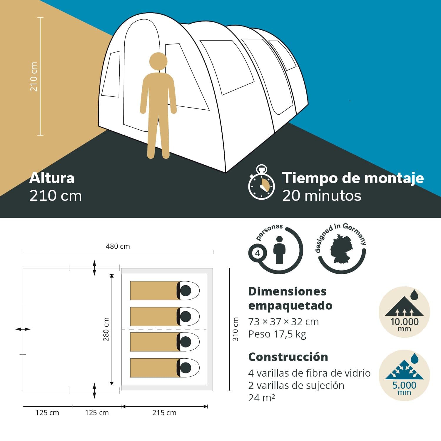 Skandika Gotland Protect - 4 Personas - Tienda campaña Familiar - túnel - mosquiteras - 480x310cm - Columna de Agua de 5000 mm