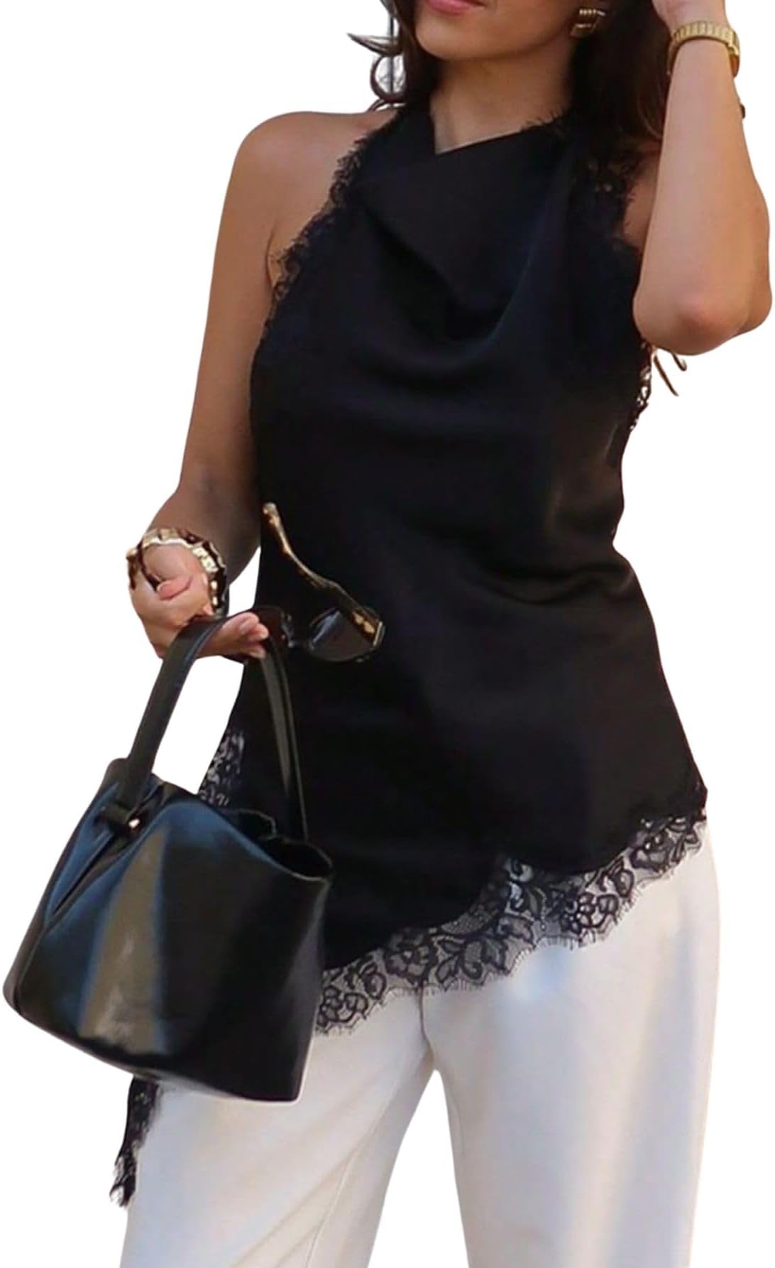 Women's Lace Asymmetrical Halter Tops Satin Flowy Cowl Neck High Low Top Going Out Outfits