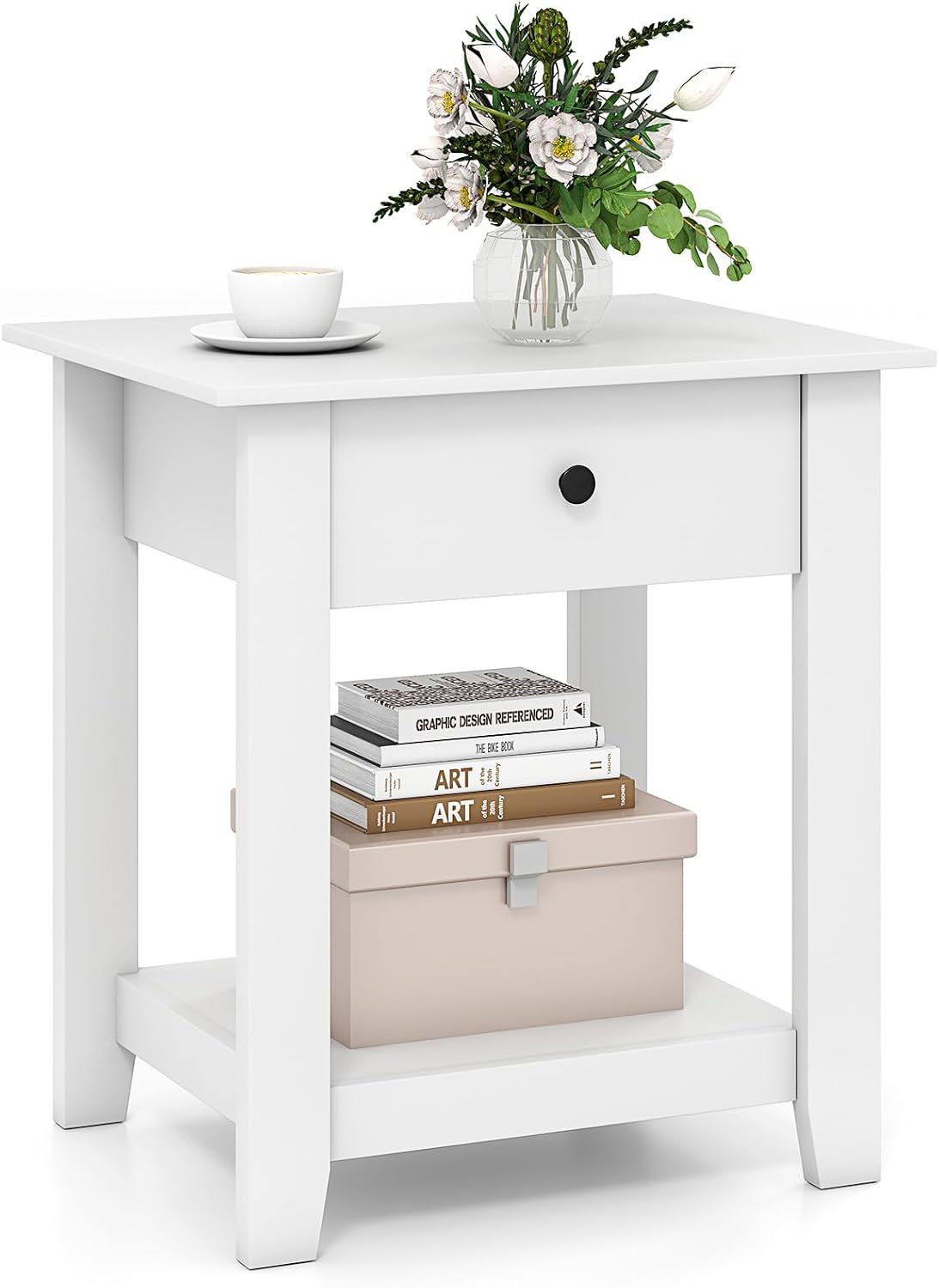 KOMFOTT Nightstand with Drawer, 3-Tier Modern Bedside Table with Open Shelf, Wooden Sofa Side End Table with Storage, Compact Nightstand for Small Spaces & Bedroom (White)