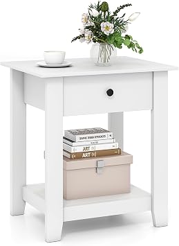 KOMFOTT Nightstand with Drawer, 3-Tier Modern Bedside Table with Open Shelf, Wooden Sofa Side End Table with Storage, Compact Nightstand for Small Spaces & Bedroom White