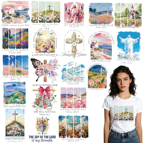 Dazoratix Christian Iron on Transfers - 20 Sheets Religious Inspirational Cross DTF Ready to Press Heat Patches Bible Verse Faith Jesus Stickers Vinyl Decals for T Shirts Clothes Pillow Bag DIY Crafts