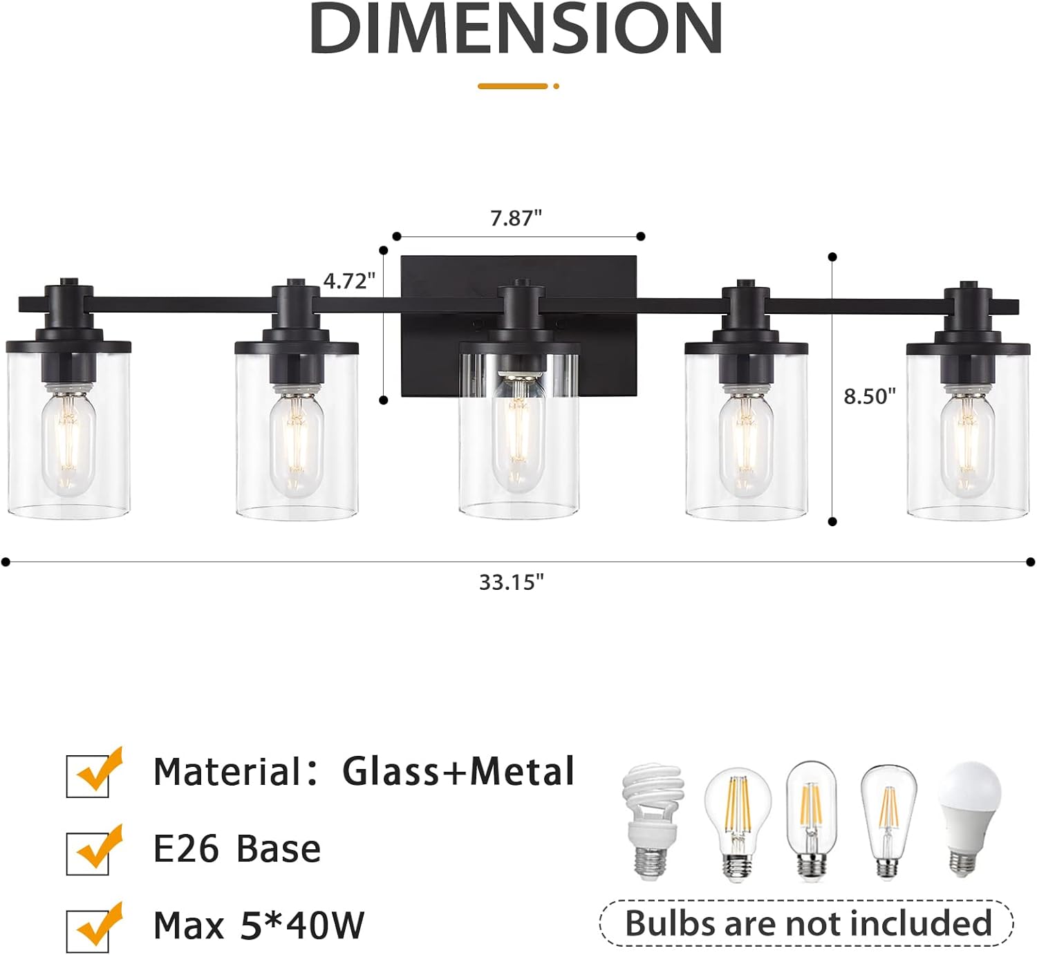 Matte Black 5-Light Bathroom Vanity Fixture with Glass Shades