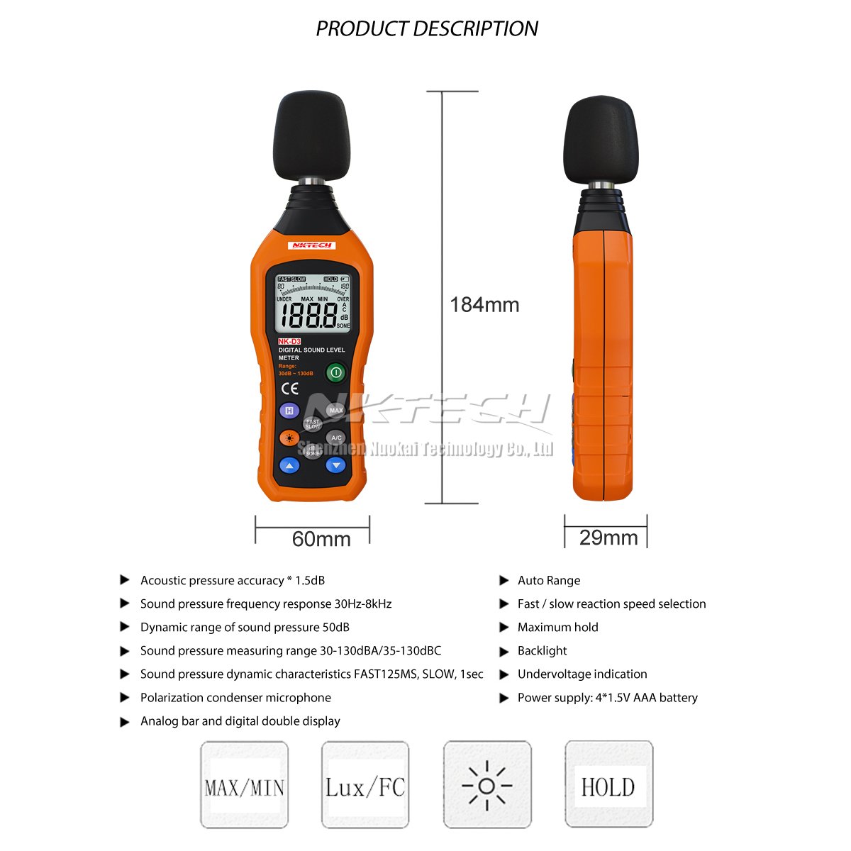 NK-D3 cyfrowy miernik poziomu hałasu Logger Tester audio Decibel Monitor 30-130 dB Dokładność 1,5 dB z dużym ekranem LCD Szybki / powolny wybór śrubokręt TL-1