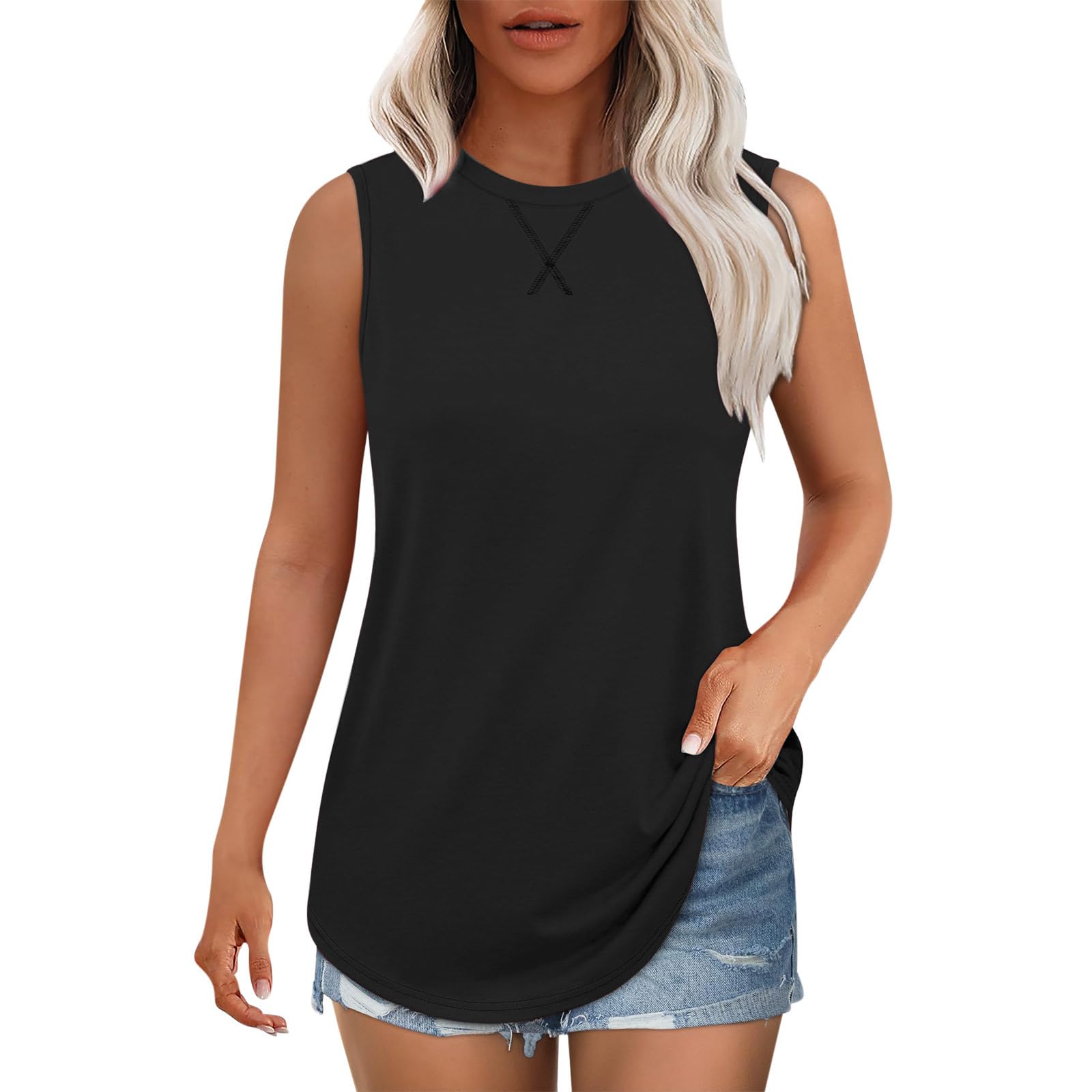 Womens Tank Top Loose Fit Dressy Casual Sleeveless Crewneck Blouses Flowy Cute Summer Tops Solid Basic Tee Curved