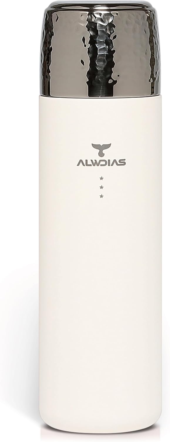 Alwdias Thrista Vacuum Insulated 316 Stainless Steel Flask for Hot & Cold Drinks | Leak-Proof Bottle with Titanium Infuser | Compact Design Ideal for Men, Women, and Loved Ones | 16.9oz, White Cream