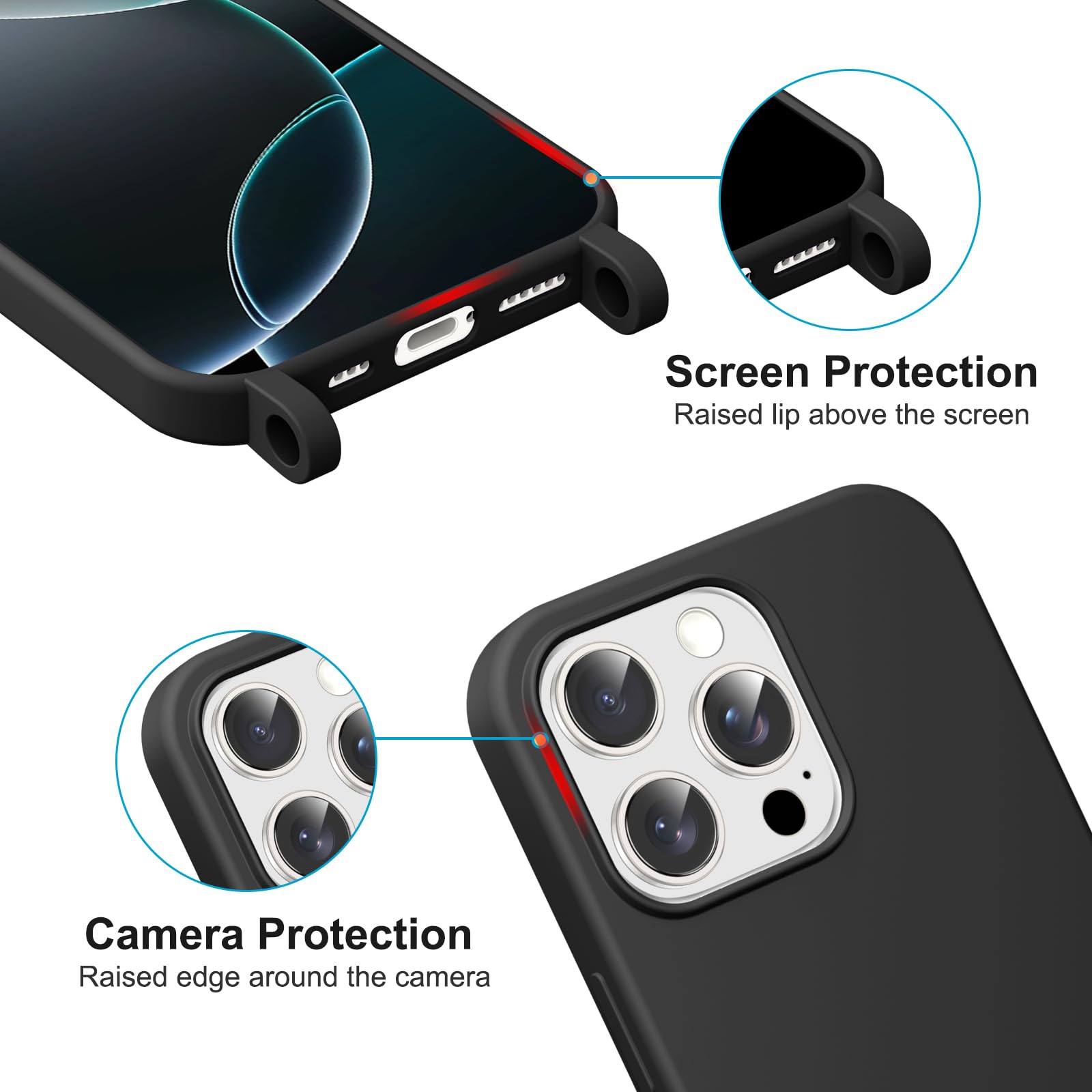 Etui na iPhone 16 Pro ze sznurkiem, naszyjnik do etui z płynnego silikonu z przenośnym regulowanym paskiem na ramię, smycz z naszyjnikiem, etui odporne na wstrząsy iPhone 16 Pro, czarne