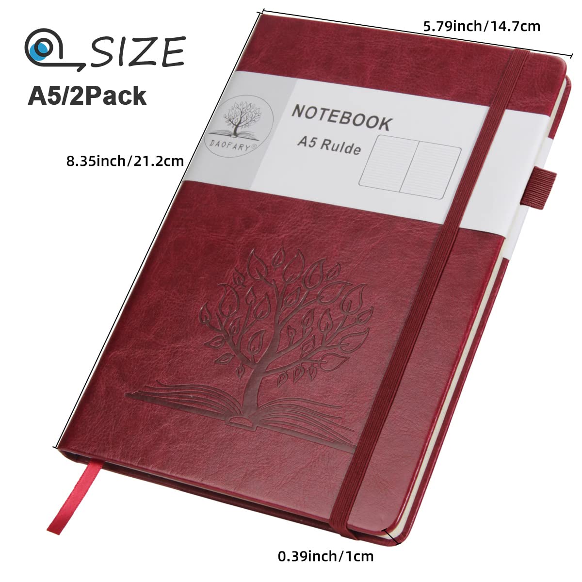 Daofary 2 confezioni di quaderni a righe con portapenne, formato A5, in pelle, con 160 pagine, carta spessa 100 g/m², copertina rigida per lavoro, donna, uomo, 21,3 x 14,5 cm