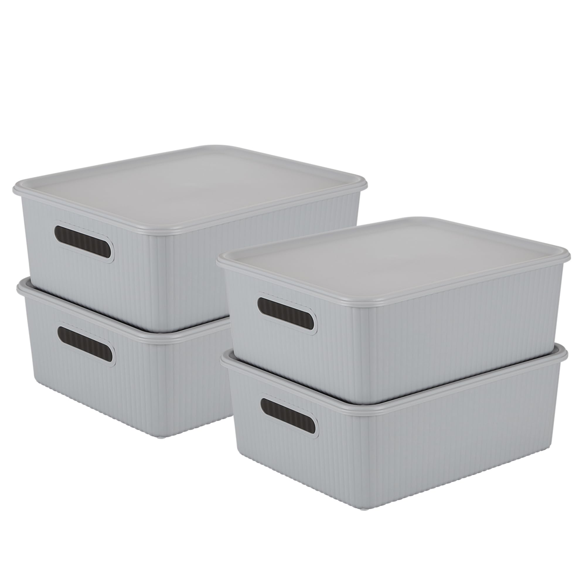 KOLORR Ribbed Baskets 4 Medium Basket with 4 Lid -Daiso Grey | stackable| easy to clean | strong and durable | BPA free | Multipurpose Plastic Storage Basket, Rectangular