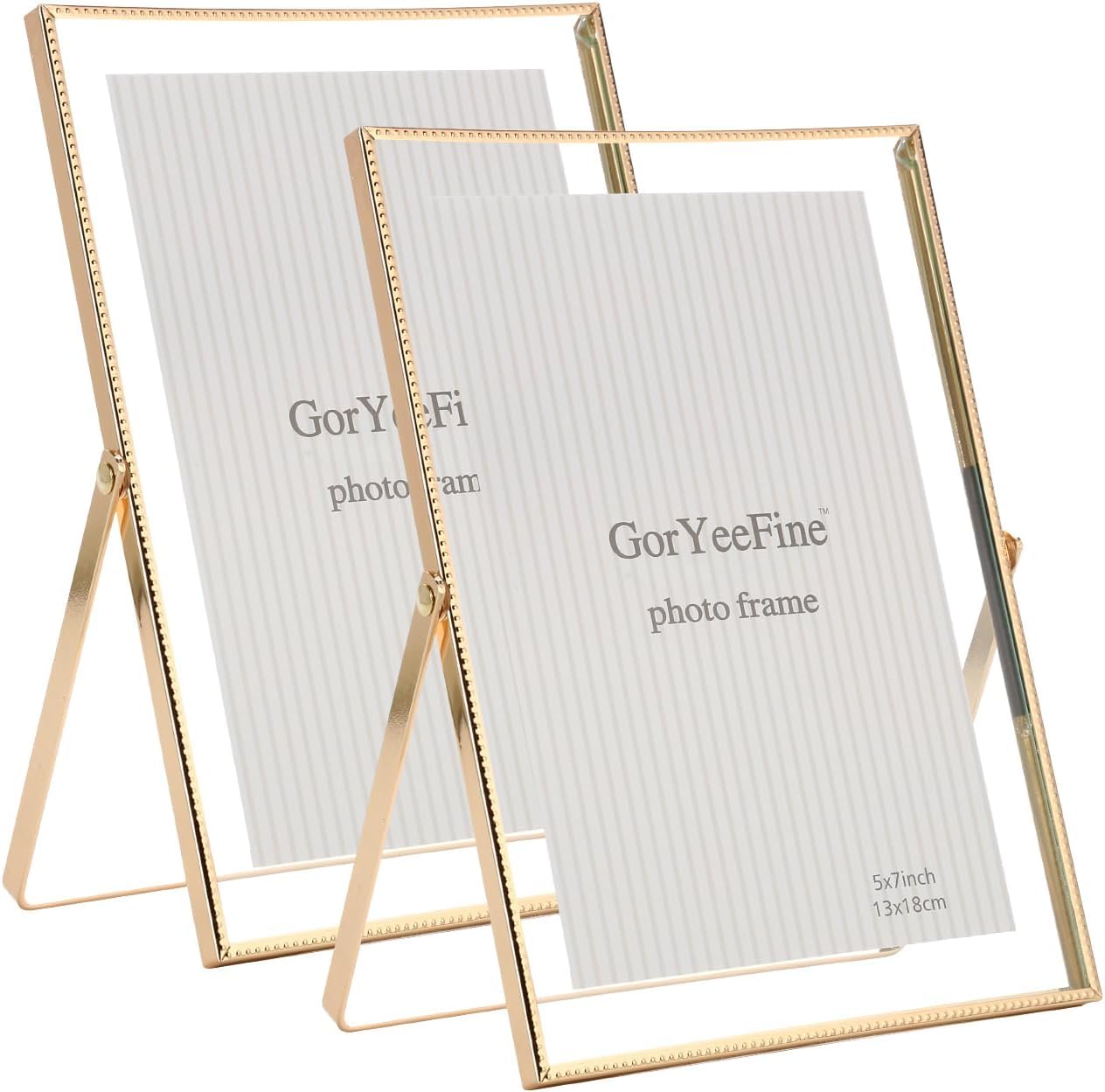 Gold 5x7'' Floating Picture Frame Set of 2,For Photo Sizes (3.5x5'',4x6''),Beautiful Metal Beaded Photo Frames,Adjustable Tabletop/Shelf Photo Frame,Classy Gift Choice for Wedding,Birthday Decor — image 1