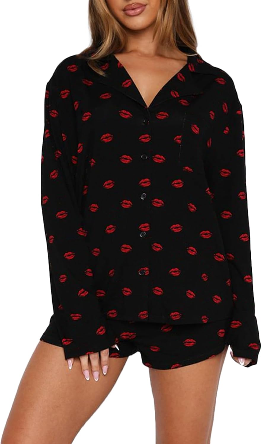 RUEWEY Women 2 Piece Pajamas Set Button up Long Sleeves Shirt and Elastic Shorts Set Loungewear Soft Sleepwear