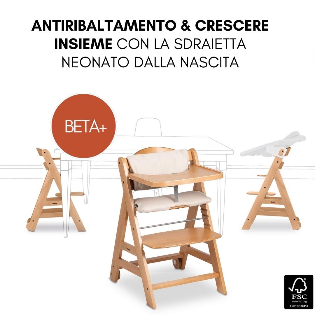 hauck Seggiolone Beta Plus Newborn Deluxe - Seggiolone Legno Evolutivo con Sdraietta Neonati, Dondolo Neonati, Cuscino Seduta e Vassoio - (Naturale Beige)