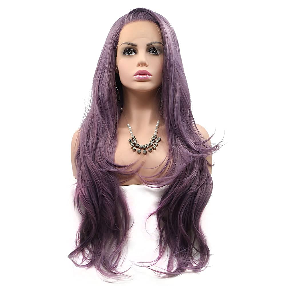 All Kinds of Everyday Natural Wigs Synthetic Lace Front Wigs Side Part Long Body Wave Heat Resistant Synthetic Wigs for Women Cosplay Party (Purple)