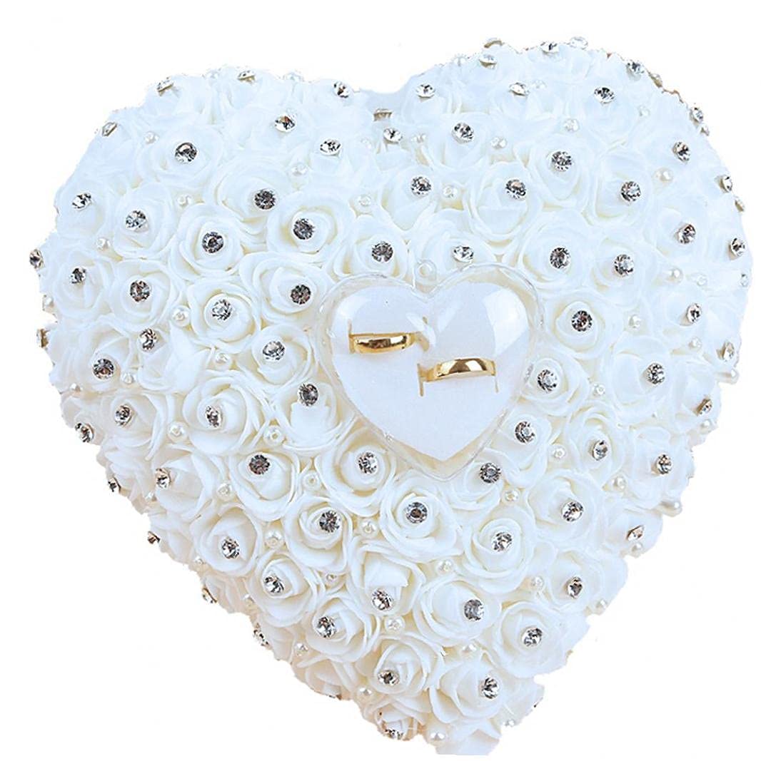 Coussin d'alliance cœur avec strass et boîte transparente pour décor de mariage